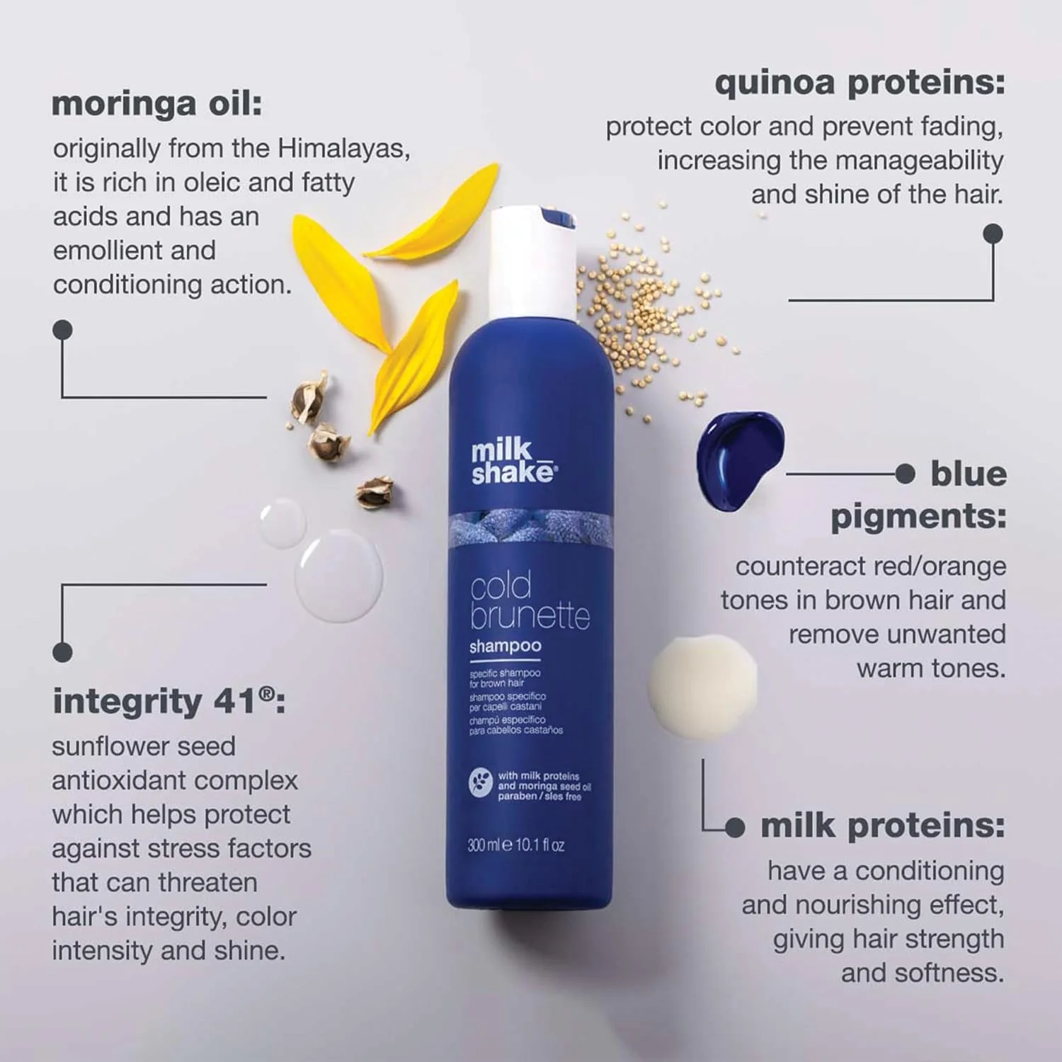 شامپو آبی موهای قهوه ای milk_shake Cold Brunette با رنگدانه های آبی ویژه برای موهای قهوه ای روشن یا بلوند تیره، فاقد SLES و پارابن - 50 میلی لیتر
