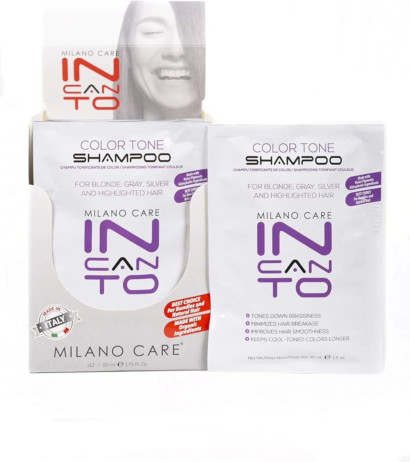 شامپو رنگساژ میلانو کر اینکانتو 30 میلی لیتر - شامپو تونر حرفه ای برای رنگ های مسی یا موهای زرد - شامپو بنفش برای موهای بلوند، خاکستری، نقره ای، هایلایت شده و رنگ شده