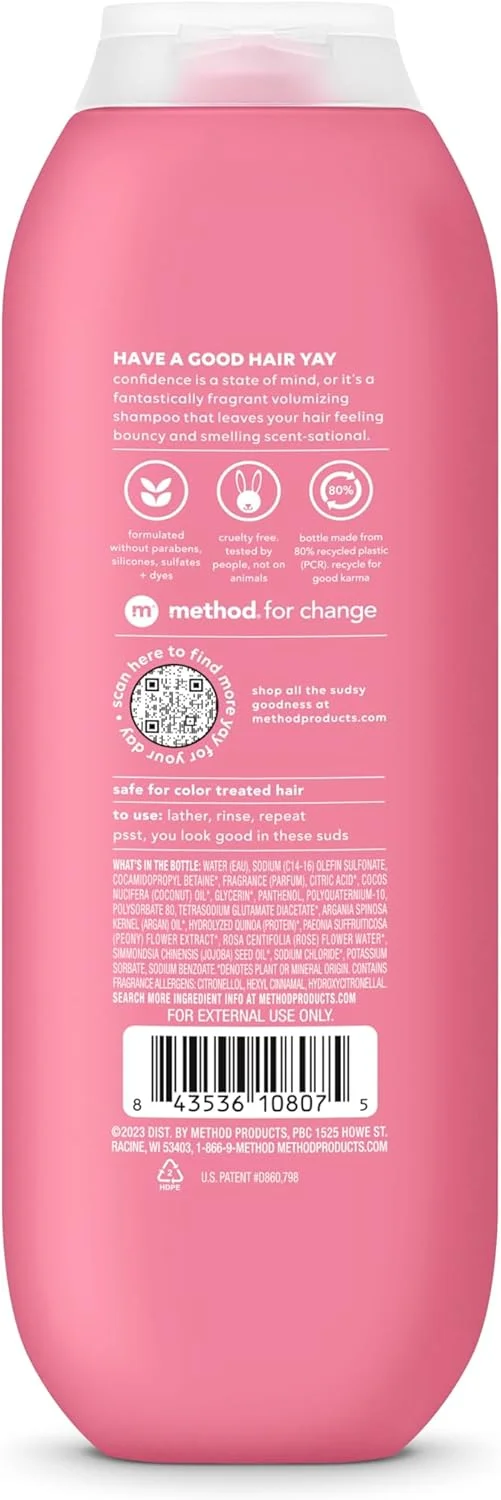 شامپو حجم دهنده Method، آرامش خالص با رایحه گل رز، گل صد تومانی و نمک دریایی صورتی، بدون پارابن و سولفات، 414 میلی لیتر