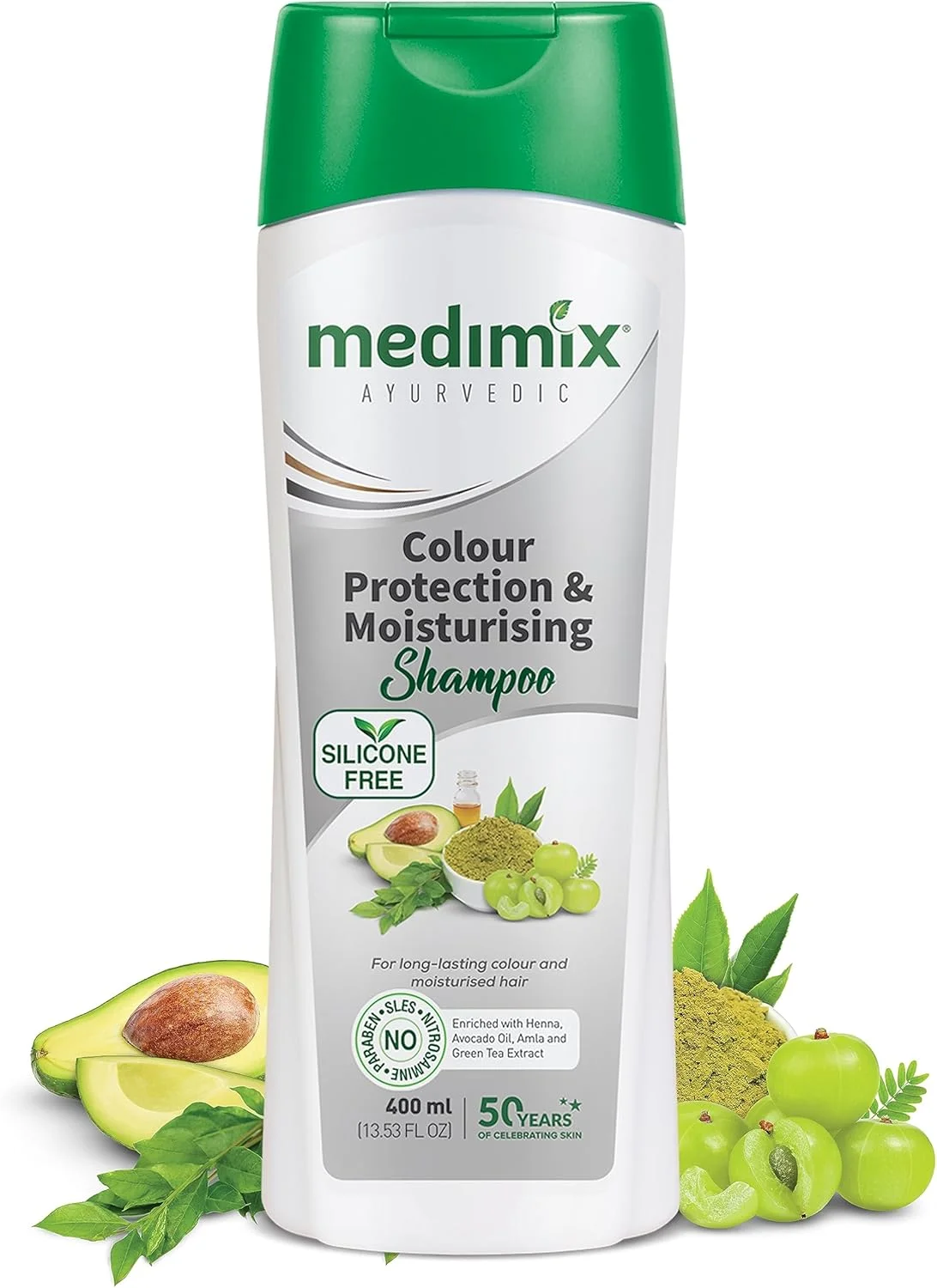 شامپو محافظ رنگ و مرطوب کننده مو آیورودا مدی میکس با روغن آووکادو و عصاره چای سبز برای رنگ ماندگار و موهای مرطوب (400 میلی لیتر)