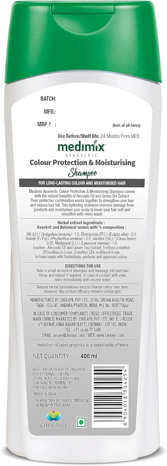 شامپو محافظ رنگ و مرطوب کننده مو آیورودا مدی میکس با روغن آووکادو و عصاره چای سبز برای رنگ ماندگار و موهای مرطوب (400 میلی لیتر)