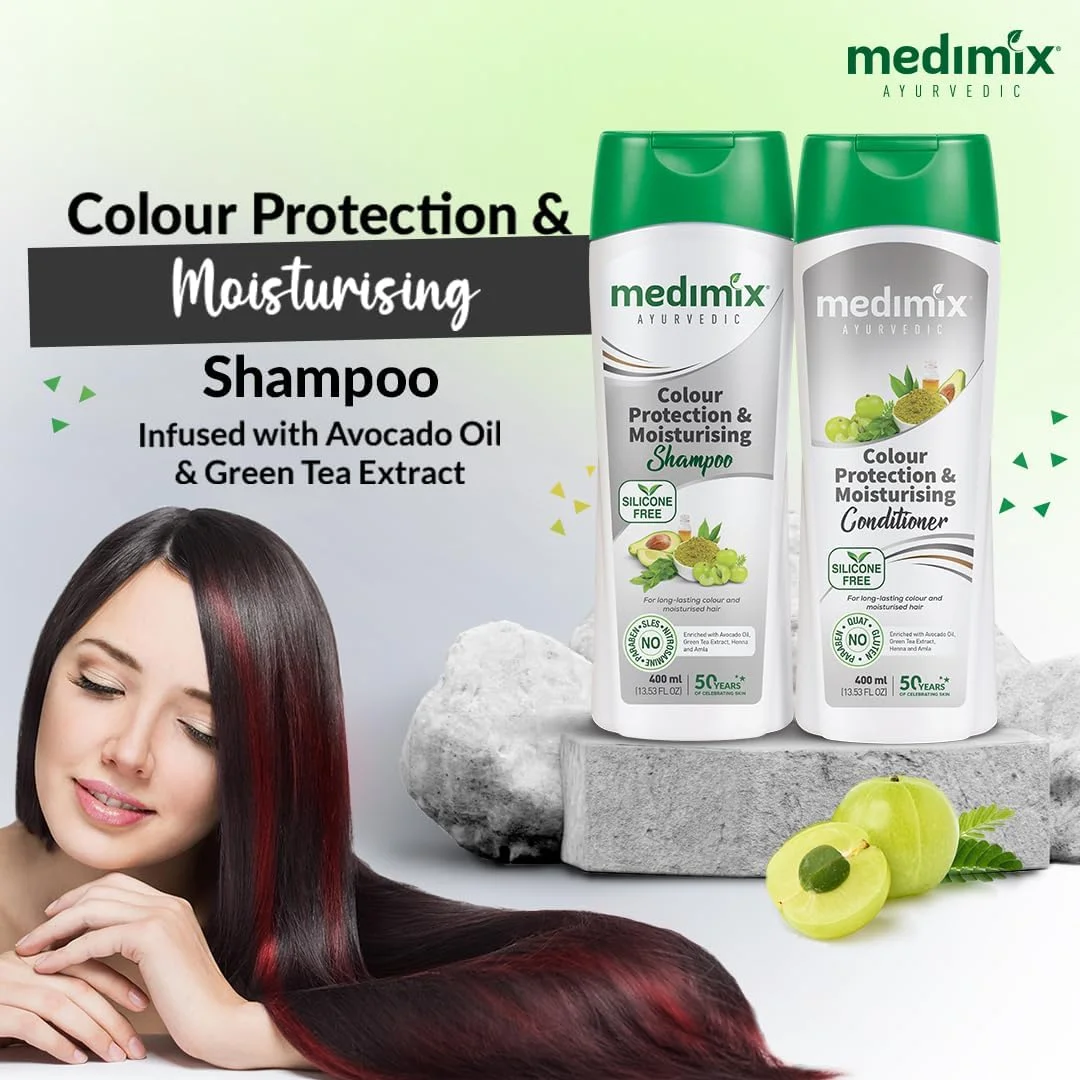 شامپو محافظ رنگ و مرطوب کننده مو آیورودا مدی میکس با روغن آووکادو و عصاره چای سبز برای رنگ ماندگار و موهای مرطوب (400 میلی لیتر)