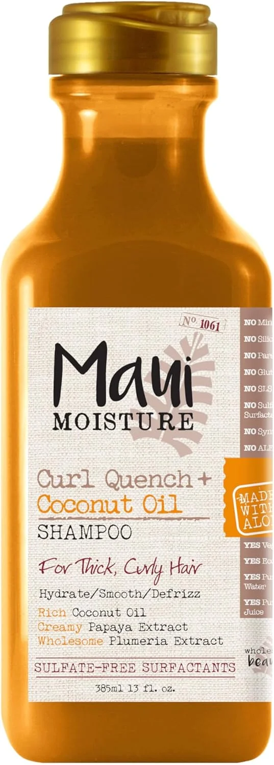شامپو ضد وز و حالت دهنده موهای فر Maui Moisture حاوی روغن نارگیل، آبرسان و باز کننده گره موهای فر و مجعد، نرم کننده، وگان، فاقد سیلیکون و پارابن، 385 میلی لیتر