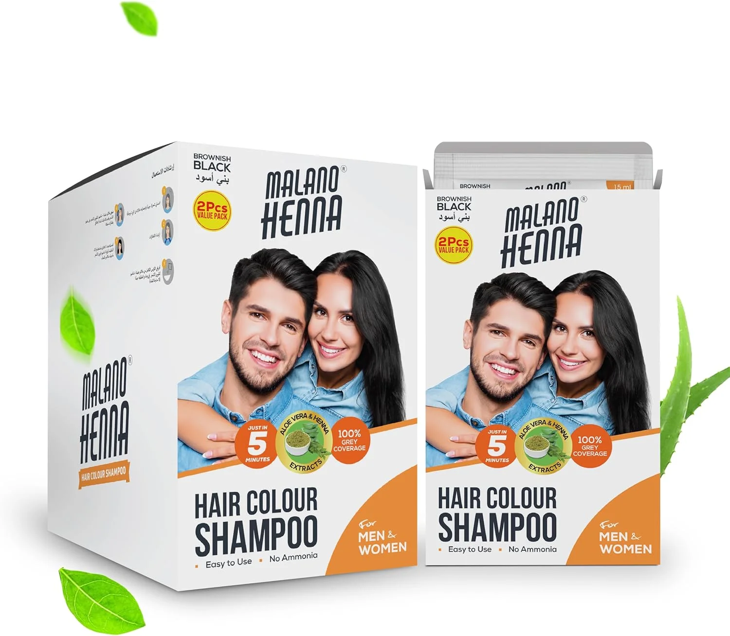 شامپو رنگ موی حنا مالانو - مشکی مایل به قهوه ای، حاوی عصاره های حنا و آلوئه ورا، شامپو رنگ مو بدون آمونیاک برای آقایان و بانوان (12x30 میلی لیتر)