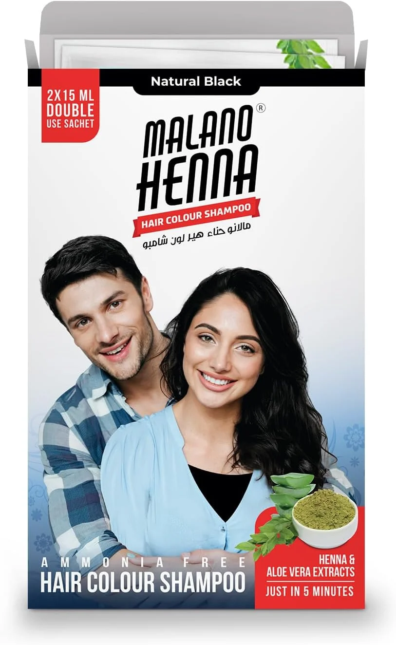 شامپو رنگ موی حنا ملانو - مشکی طبیعی، حاوی عصاره های حنا و آلوئه ورا، شامپو رنگ مو بدون آمونیاک برای آقایان و بانوان (30 میلی لیتر)