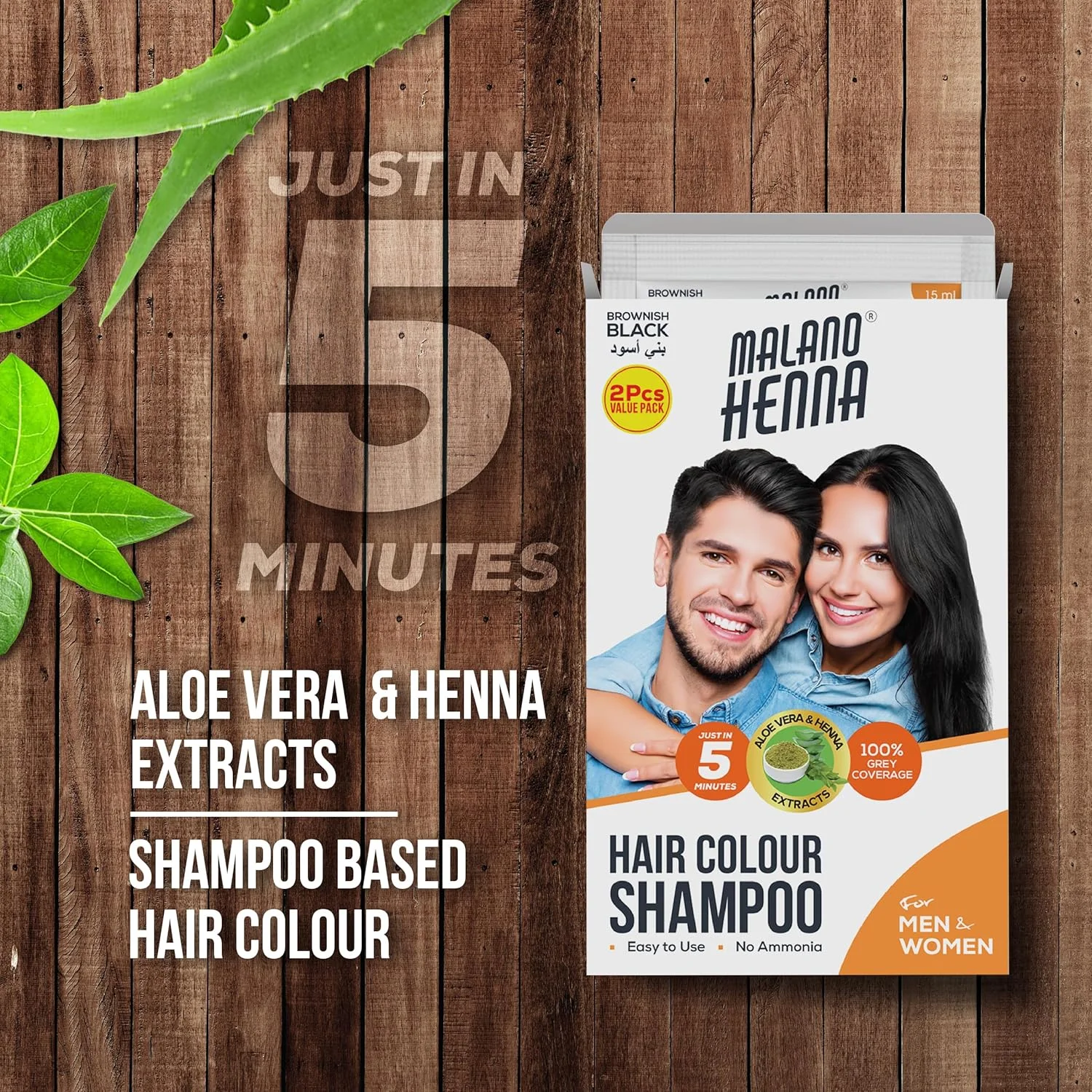 شامپو رنگ موی حنا مالانو - مشکی مایل به قهوه ای، حاوی عصاره های حنا و آلوئه ورا، شامپو رنگ مو بدون آمونیاک برای آقایان و بانوان (12x30 میلی لیتر)