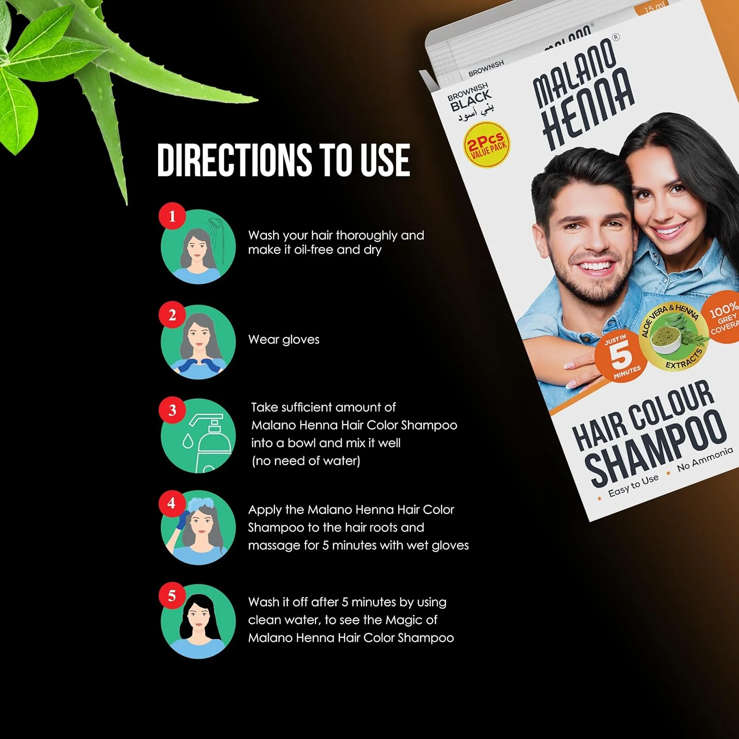 شامپو رنگ موی حنا مالانو - مشکی مایل به قهوه ای، حاوی عصاره های حنا و آلوئه ورا، شامپو رنگ مو بدون آمونیاک برای آقایان و بانوان (12x30 میلی لیتر)