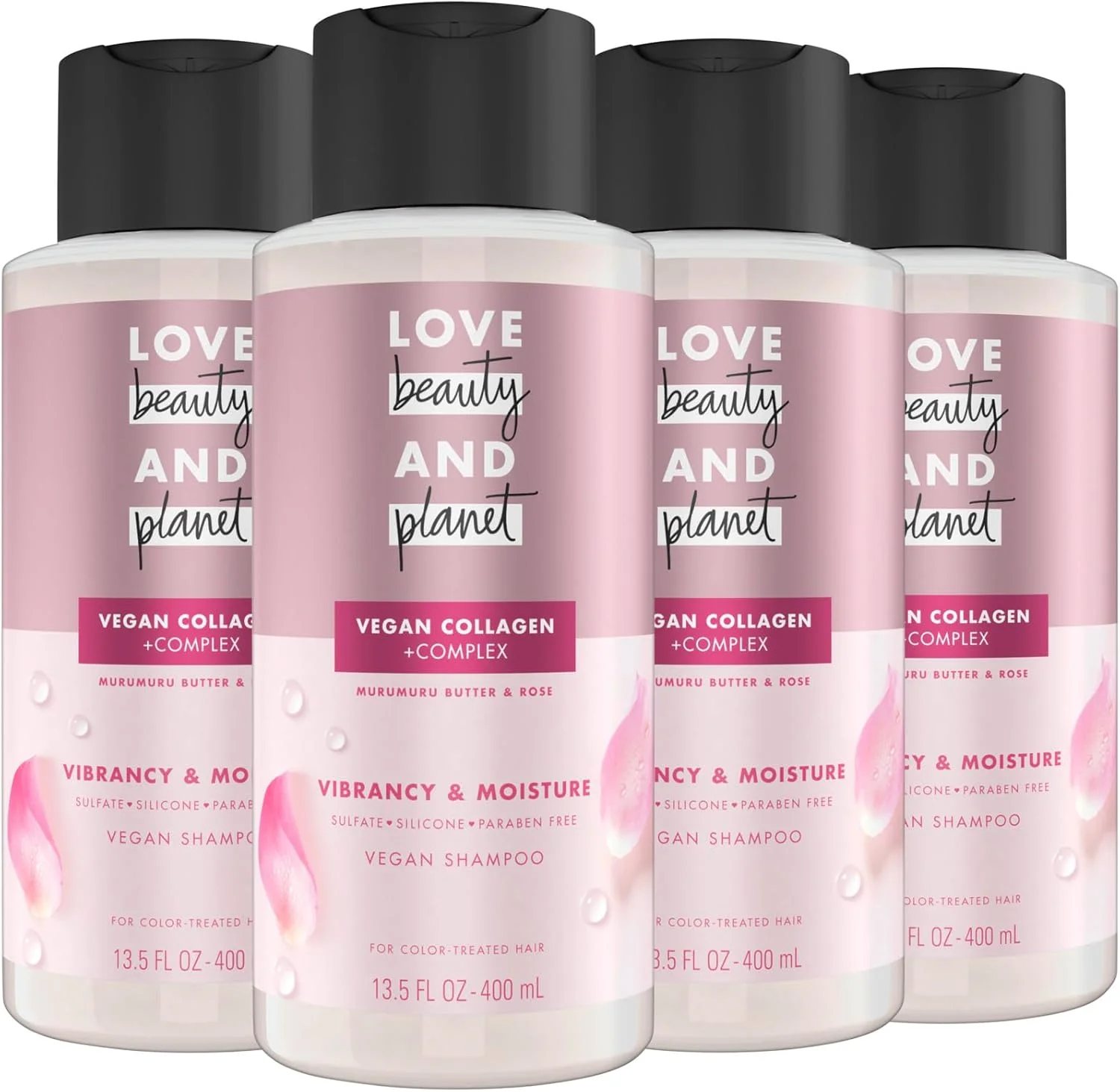 شامپو 100% تجزیه‌پذیر رنگ شکوفه عشق، زیبایی و سیاره برای موهای رنگ شده، کره مورومورو و گل رز، بدون سیلیکون، بدون پارابن، بدون سولفات و وگان، 399 میلی لیتر، بسته 4 عددی