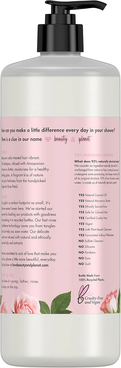 شامپو بدون سولفات، پارابن، تست حیوانی و سیلیکون Love Beauty And Planet Blooming Color برای موهای رنگ شده، حاوی کره مورومورو و گل رز، وگان، 950 میلی لیتر