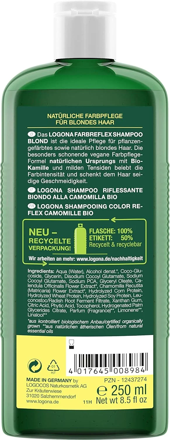 شامپو رنگساژ بلوند لوگونا ناتورکازمتیک برای موهای درخشان طبیعی، مناسب برای موهای بلوند و دکلره شده، شامپو مو رنگی با فرمول وگان ساخته شده از بابونه ارگانیک، 1 عدد 250 میلی لیتر