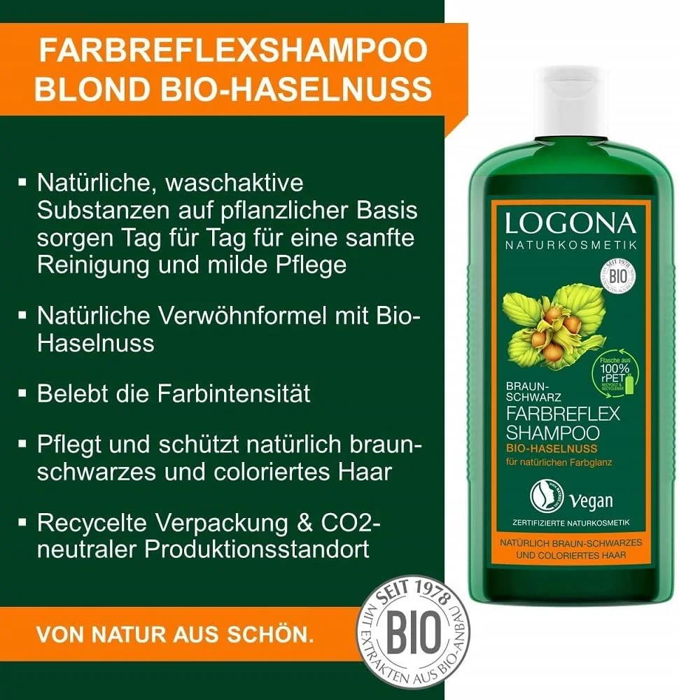 شامپو رنگساژ قهوه ای/مشکی لوگونا ناتورکازمتیک برای موهای درخشان طبیعی، مناسب برای موهای قهوه ای و مشکی، شامپو موی رنگی با فرمول وگان ساخته شده از فندق ارگانیک، 1 عدد 250 میلی لیتر