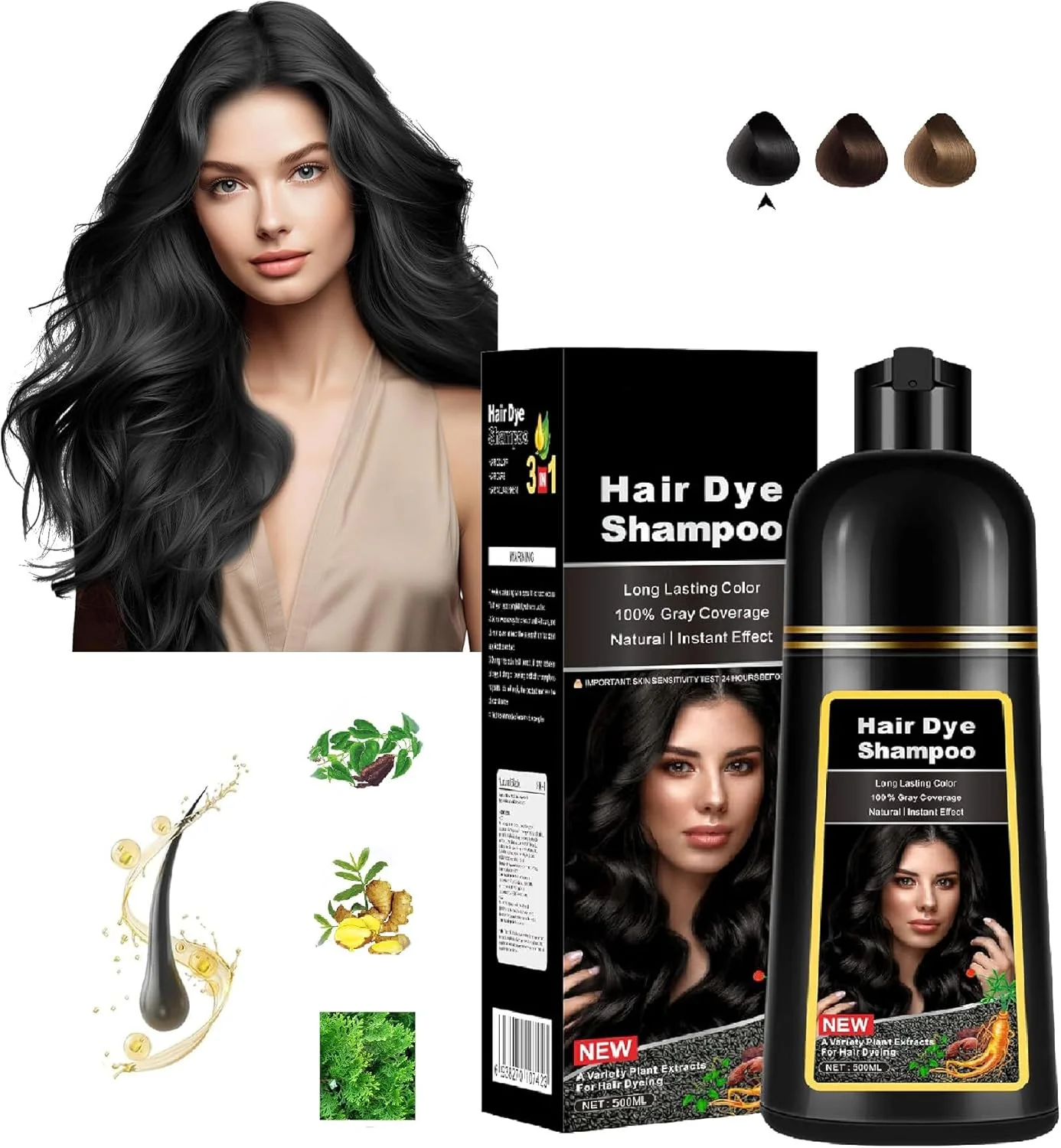 شامپو رنگ مو 3 در 1 LBOYLOVE®، رنگ موی گیاهی طبیعی 500 میلی لیتر، شامپو مشکی برای پوشش موهای سفید، رنگ ماندگار برای زنان و مردان (مشکی طبیعی)