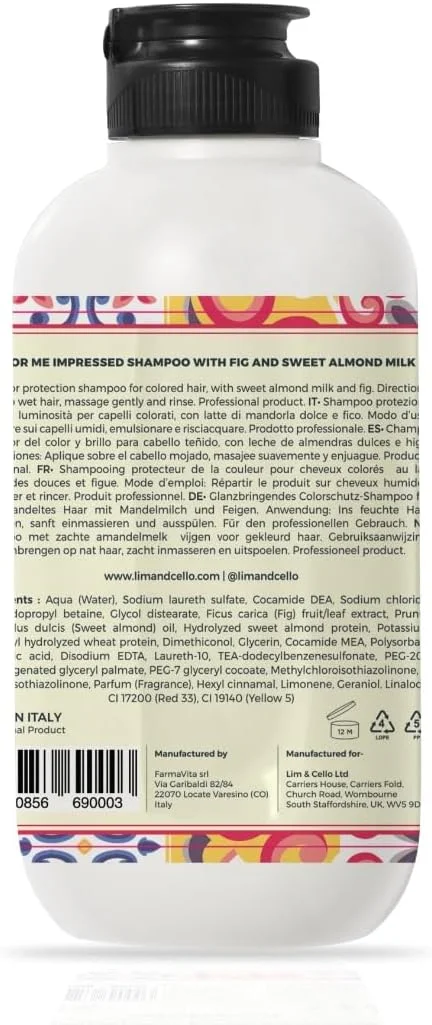 شامپو تثبیت کننده رنگ مو لیم اند چلو مدل Color Me Impressed با عصاره انجیر و شیر بادام شیرین، فرمول آنتی اکسیدانی، فرمول با pH پایین، باعث شادابی رنگ مو، ساخت ایتالیا، 250 میلی لیتر