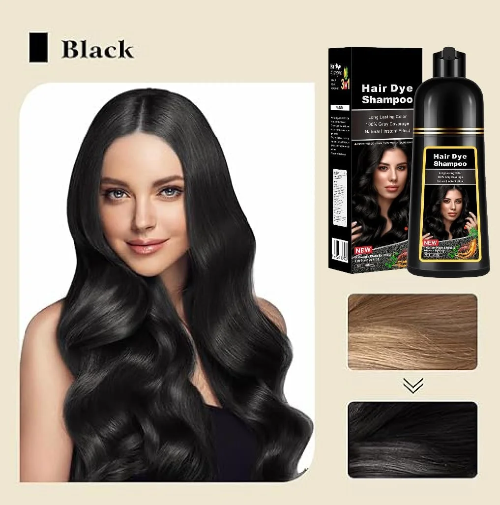 شامپو رنگ مو 3 در 1 LBOYLOVE®، رنگ موی گیاهی طبیعی 500 میلی لیتر، شامپو مشکی برای پوشش موهای سفید، رنگ ماندگار برای زنان و مردان (مشکی طبیعی)