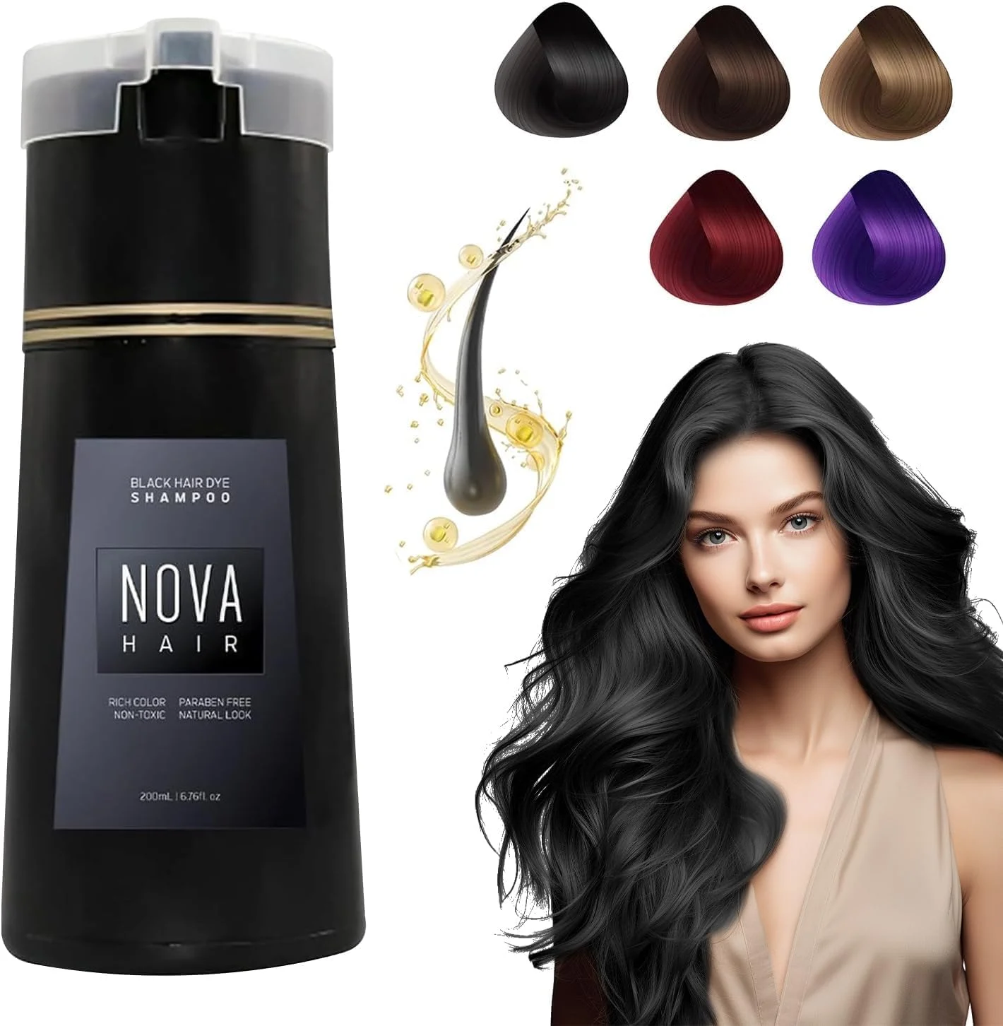 شامپو رنگ موی 3 در 1 LBOYLOVE برای رنگ فوری مو نوا، رنگ مو برای پوشش موهای سفید، رنگ ماندگار برای زنان و مردان (مشکی)