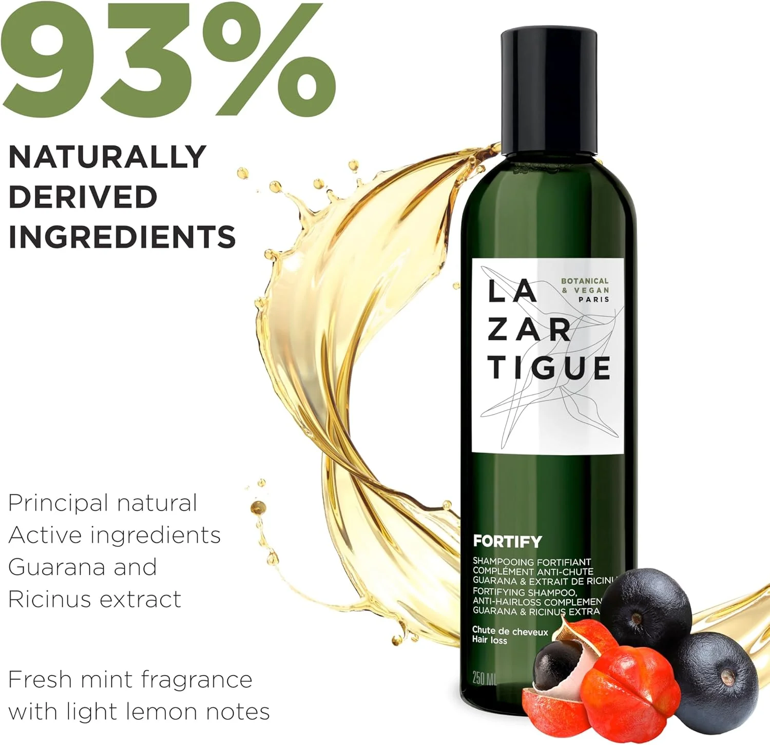 شامپو متراکم کننده و تقویت کننده مو لازارتیگ، غنی شده با گوارانا و کرچک، تقویت کننده موهای شکننده، ظاهری قوی تر، مناسب برای استفاده روزمره، وگان، لیمو، 250 میلی لیتر