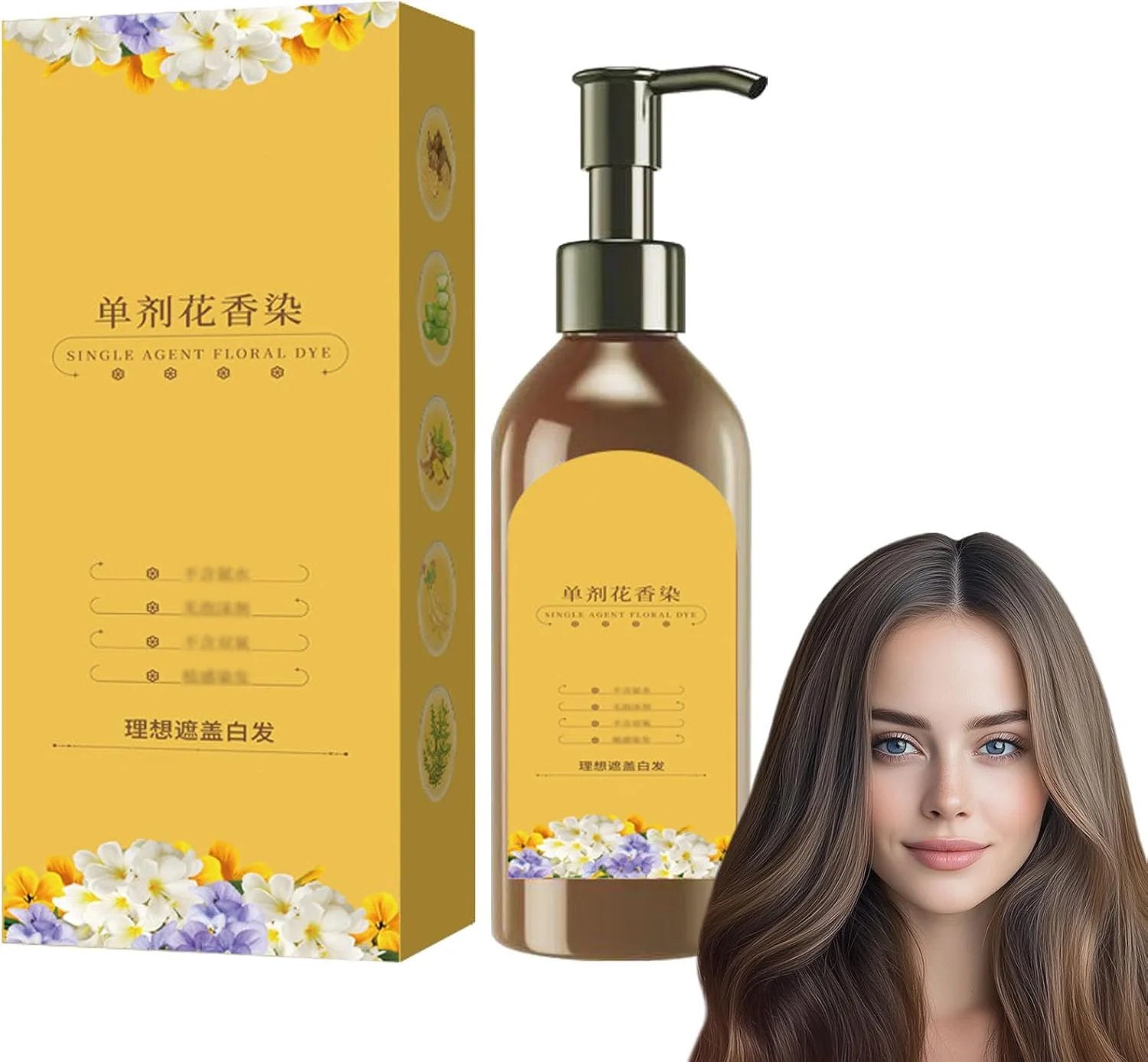 شامپو رنگ موی طبیعی بادوام، رنگ موی گیاهی برای پوشش موهای سفید، رنگ موی مغذی گیاهی، شامپو رنگ موی تک عاملی گلدار، عصاره های گیاهی مختلف برای مراقبت از مو (مشکی)