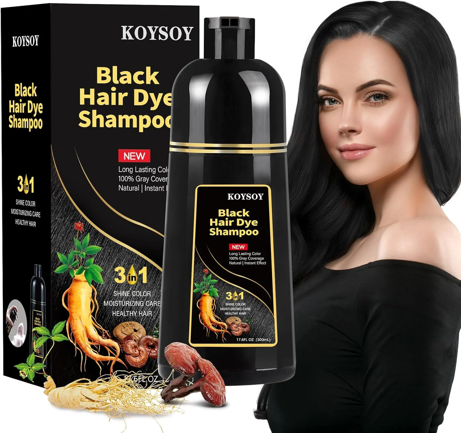 شامپو رنگ موی مشکی KOYSOY 3 در 1، پوشش 100% موهای سفید، شامپو رنگ موی مشکی می تواند از رفتن به سالن برای رنگ کردن موهایتان جلوگیری کند، شامپو موی مشکی راحت و موثر. (500 میلی لیتر)