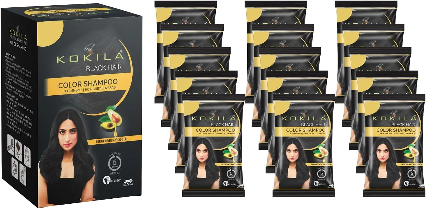 شامپو رنگ موی کوکیلا، مناسب برای آقایان و بانوان، غنی شده با روغن بادام در 5 دقیقه، رنگ موی فوری و ماندگار مشکی، بسته 15 عددی (15 میلی لیتر)