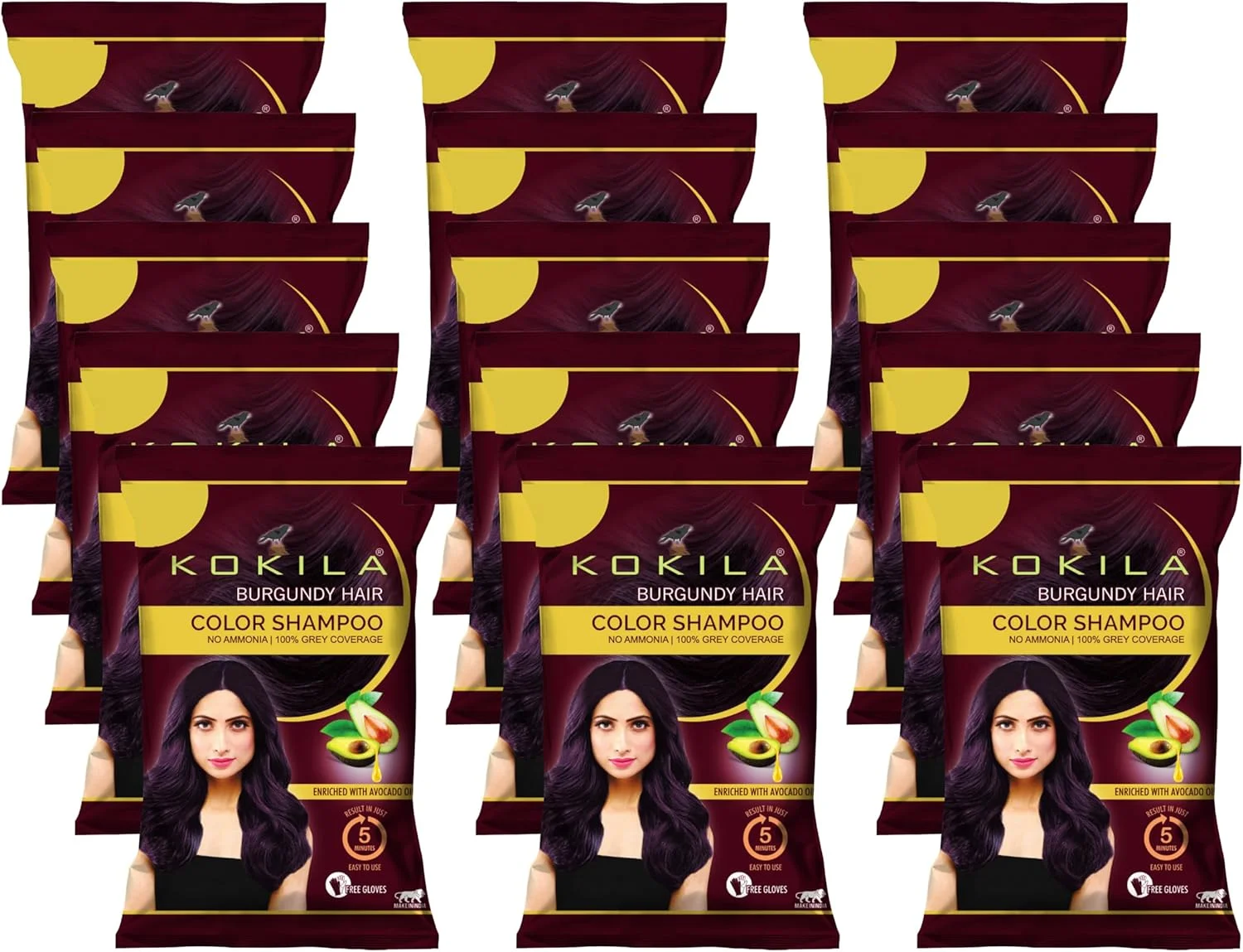 شامپو رنگ موی کوکیلا مناسب برای آقایان و بانوان، غنی شده با روغن بادام در 5 دقیقه، رنگ موی فوری بادمجانی، بسته 15 عددی (15 میلی لیتر در هر عدد)