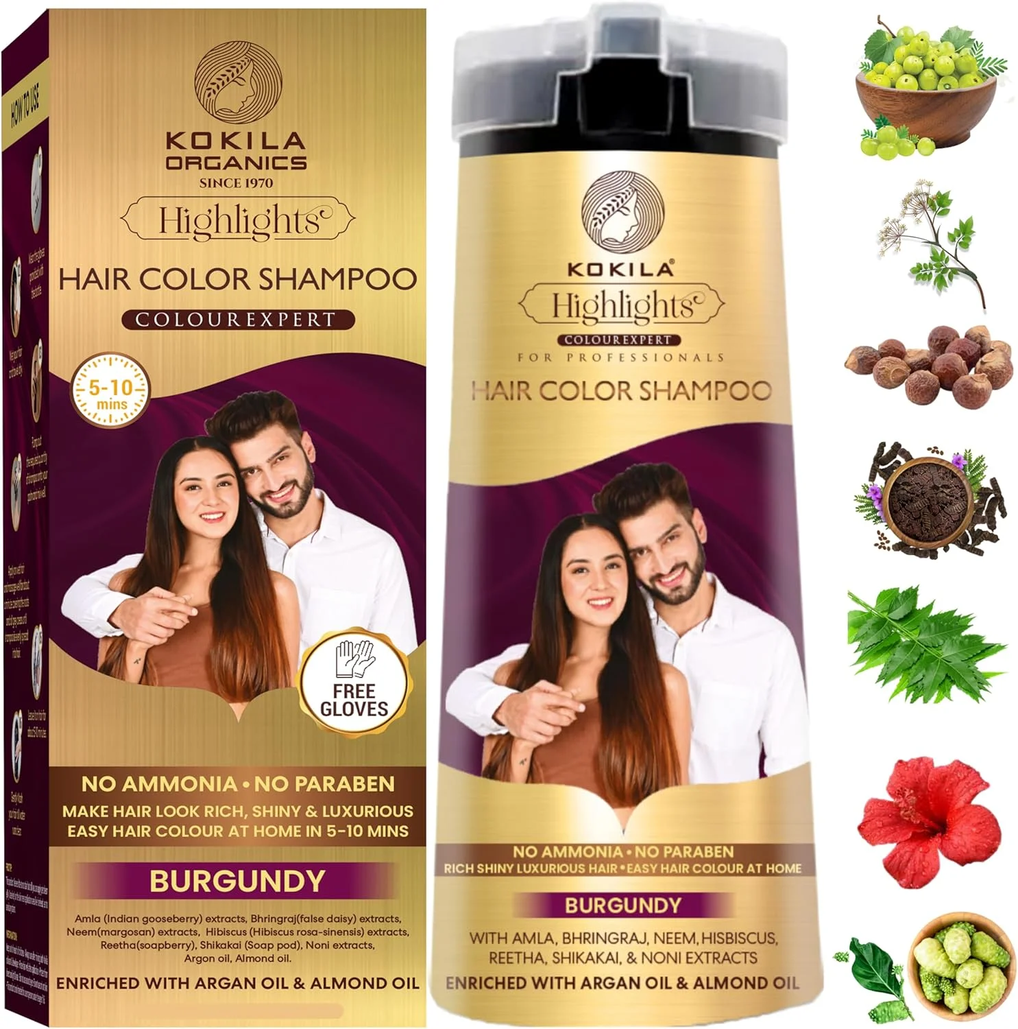 شامپو رنگ مو کوکیلا برای آقایان و بانوان | بدون آمونیاک - بدون پارابن | 10 جفت دستکش رایگان، بورگاندی 400 میلی لیتر