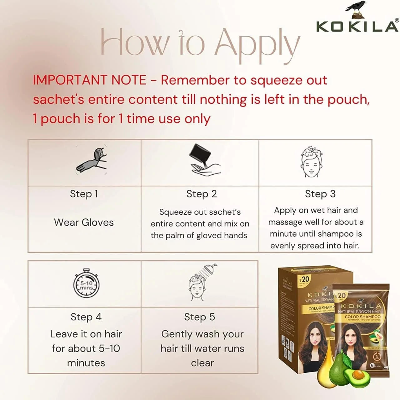 شامپو رنگ موی کوکیلا مناسب برای آقایان و بانوان، غنی شده با روغن بادام در 5 دقیقه، رنگ موی فوری بادوام قهوه ای بسته 15 عددی (15 میلی لیتر)