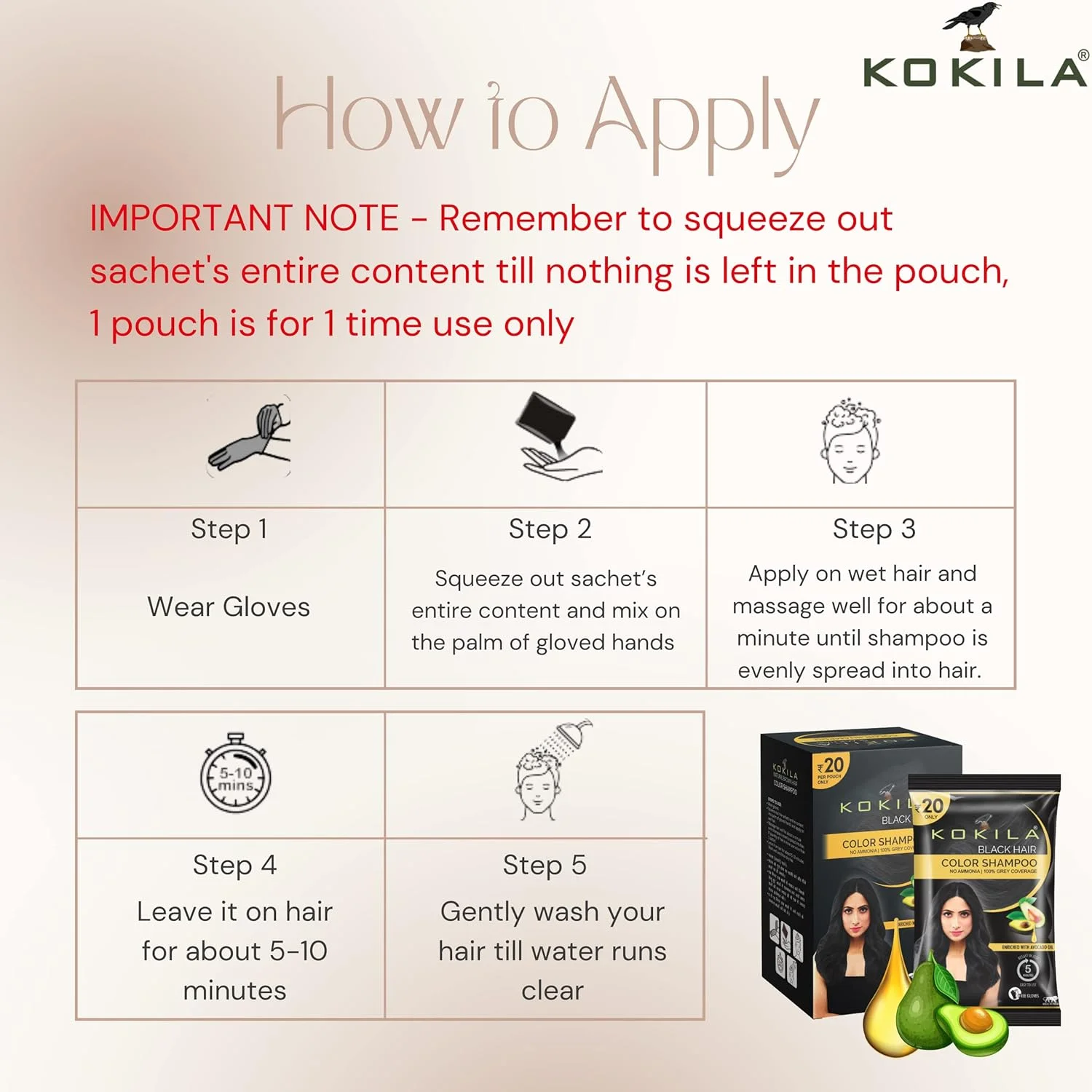 شامپو رنگ موی کوکیلا، مناسب برای آقایان و بانوان، غنی شده با روغن بادام در 5 دقیقه، رنگ موی فوری و ماندگار مشکی، بسته 15 عددی (15 میلی لیتر)