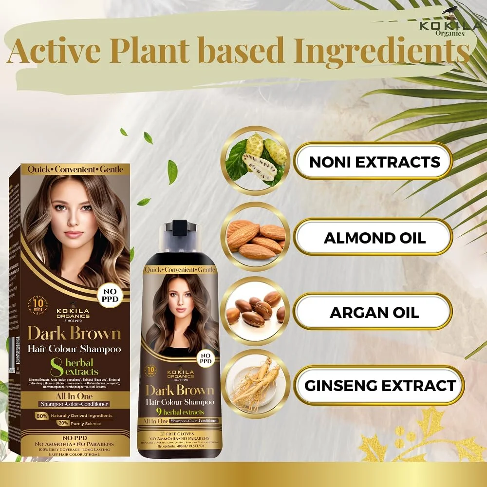 شامپو رنگ مو کوکیلا بدون PPD - قهوه ای تیره 400 میلی لیتر برای زنان و مردان | عصاره های طبیعی | رنگ کردن مو در 10 دقیقه | بدون آمونیاک، بدون پارابن - 10 جفت دستکش رایگان