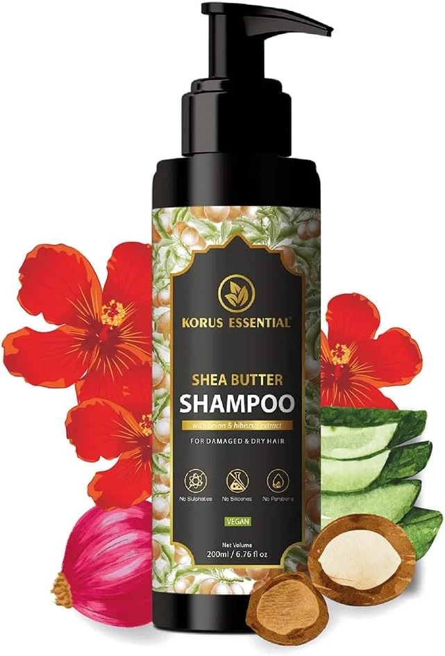 شامپو کره شی باتر KORUS ESSENTIAL با عصاره پیاز و گل بامیه برای موهای آسیب دیده و خشک - 200 میلی لیتر