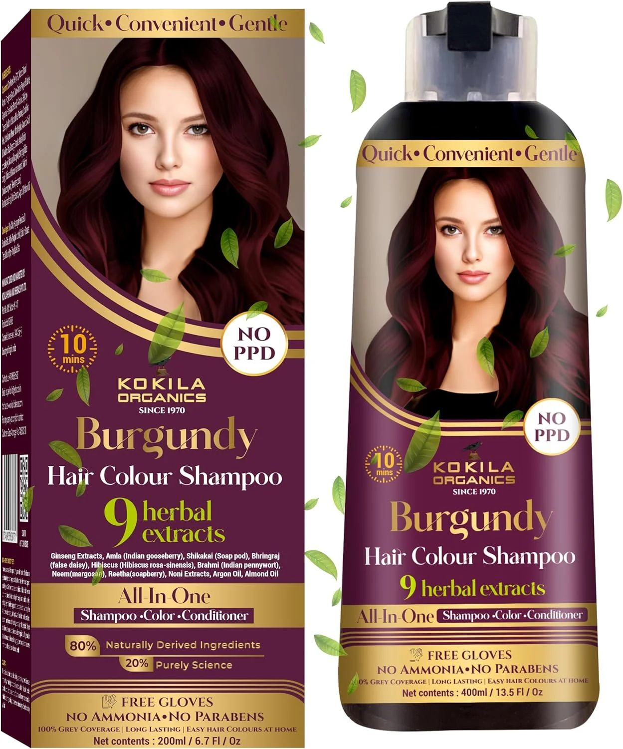 شامپو رنگ مو کوکیلا بدون PPD - بورگاندی 400 میلی لیتر برای زنان و مردان | عصاره های طبیعی | رنگ کردن مو در 10 دقیقه | بدون آمونیاک، بدون پارابن - 10 جفت دستکش رایگان
