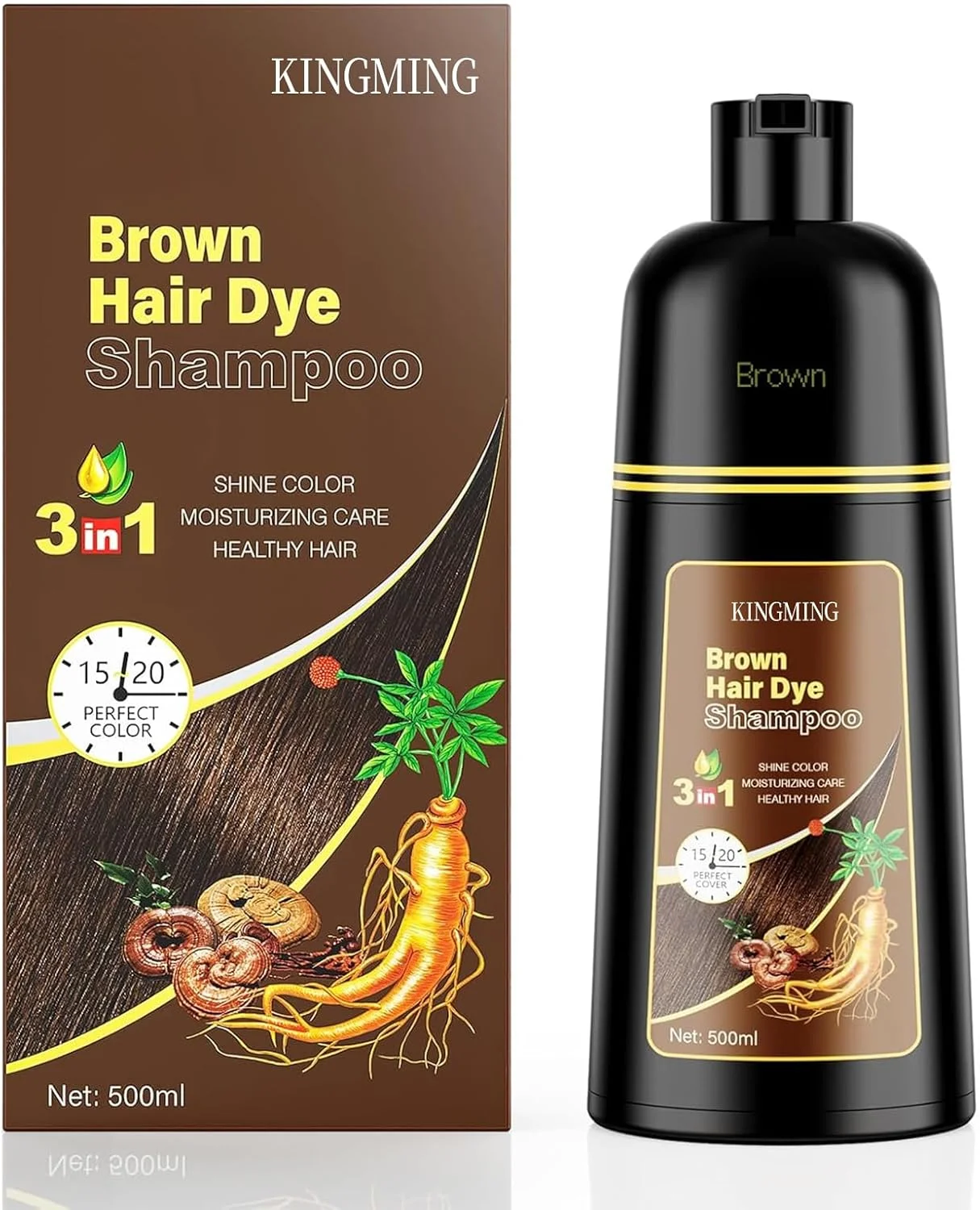 شامپو رنگ موی قهوه ای کینگ مینگ 3 در 1 برای موهای سفید، شامپو رنگ مو برای پوشش موهای خاکستری مردان و زنان، شامپو با مواد گیاهی برای موهای سفید 500 میلی لیتر (قهوه ای)