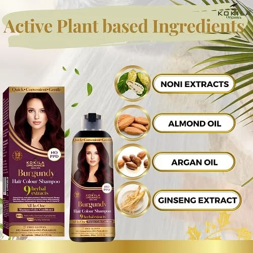 شامپو رنگ مو کوکیلا بدون PPD - بورگاندی 400 میلی لیتر برای زنان و مردان | عصاره های طبیعی | رنگ کردن مو در 10 دقیقه | بدون آمونیاک، بدون پارابن - 10 جفت دستکش رایگان