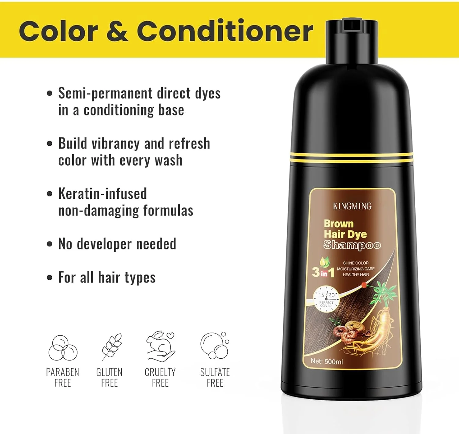 شامپو رنگ موی قهوه ای کینگ مینگ 3 در 1 برای موهای سفید، شامپو رنگ مو برای پوشش موهای خاکستری مردان و زنان، شامپو با مواد گیاهی برای موهای سفید 500 میلی لیتر (قهوه ای)