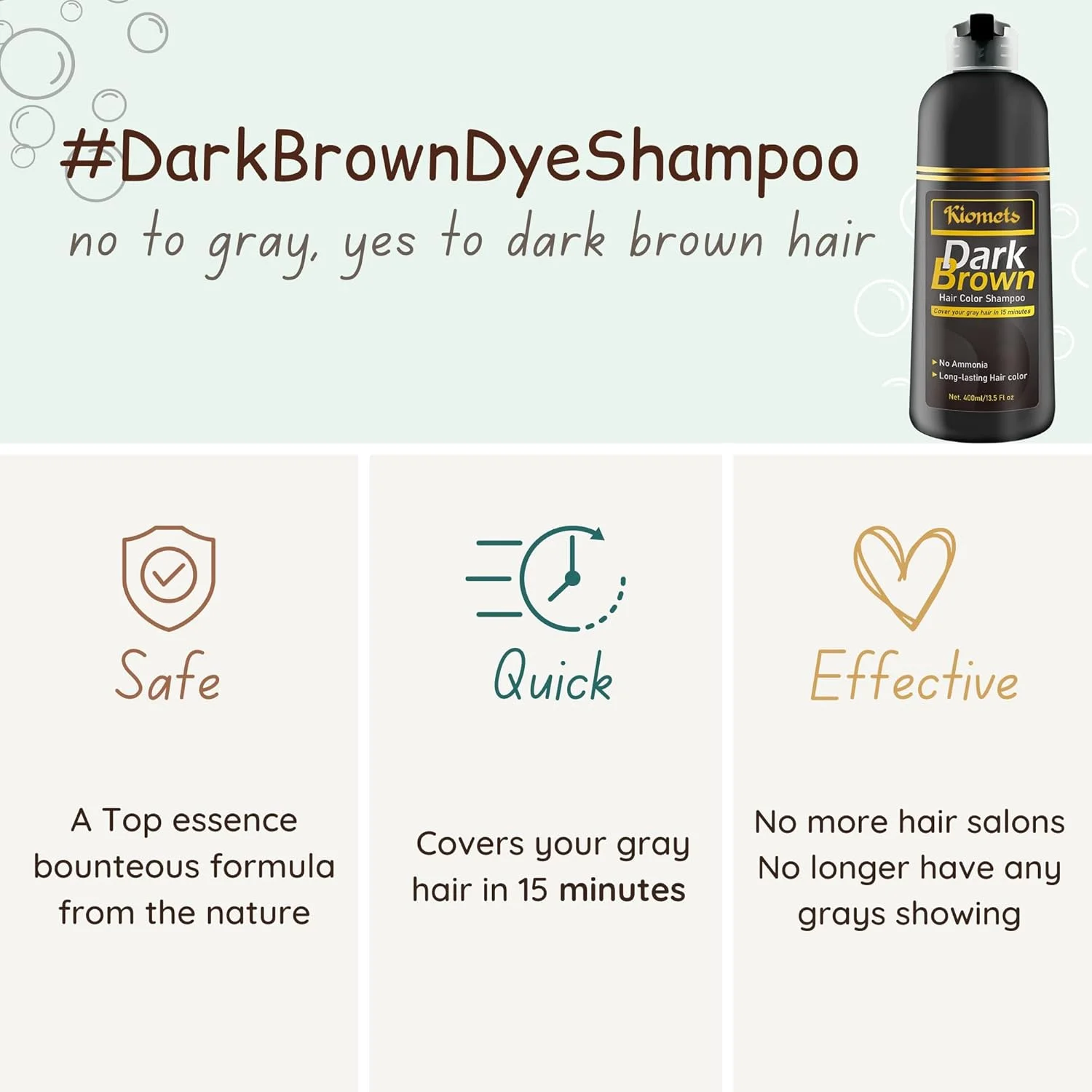 شامپو رنگ موی قهوه ای تیره کیلومتس 400 میلی لیتر - بسته 2 عددی - پوشش 100% موهای سفید در چند دقیقه - شامپو رنگ مو بدون آمونیاک - رنگ آمیزی فوری در خانه، هدیه برای خانم ها و آقایان