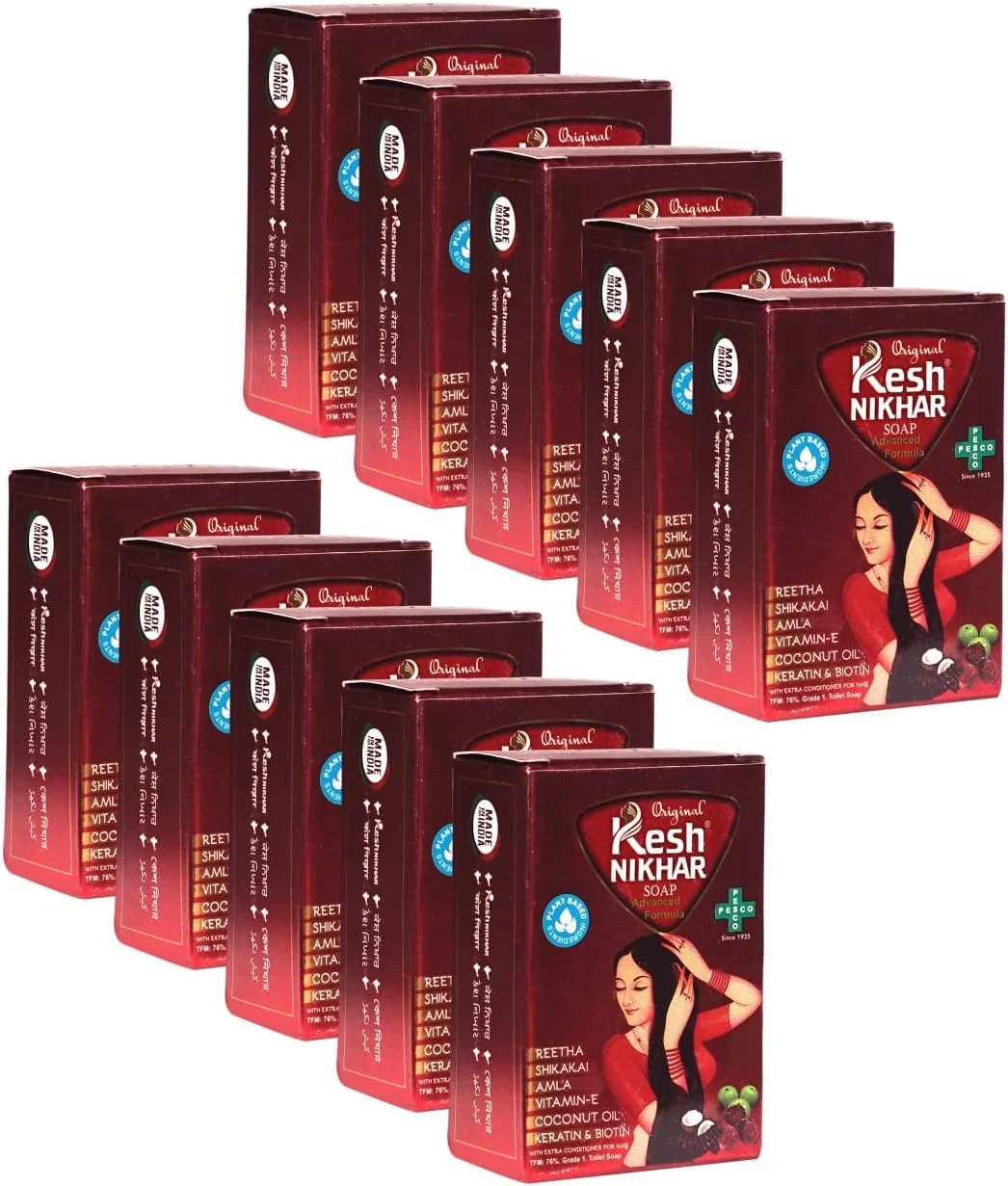 صابون شامپو جامد KESH NIKHAR SUPREME با فرمول پیشرفته، مراقبت طبیعی مو و پاک کننده - آملا، ریتا، شیکاکای برای شوره سر، با روغن نارگیل برای مو و پوست سر خشک، سایز 100 گرم (بسته 10 عددی)