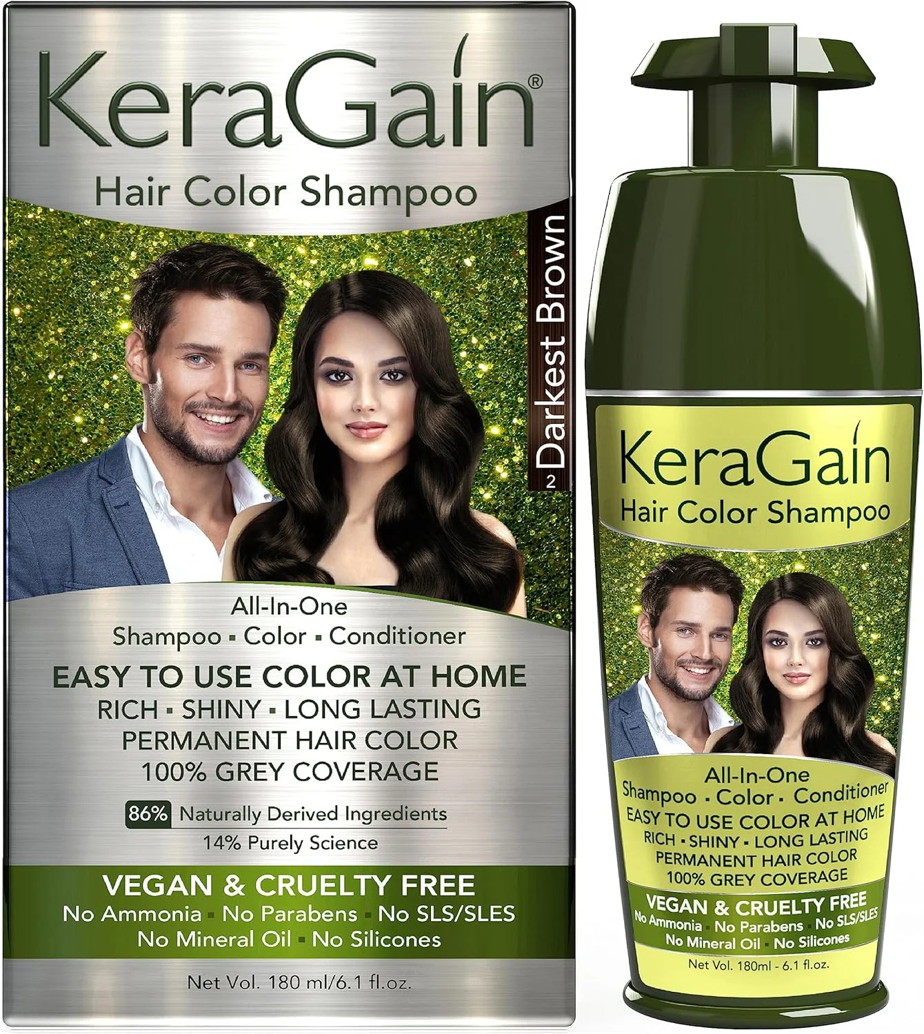 شامپو رنگ مو کرگین (قهوه ای تیره، 180 میلی لیتر) - رنگ مو بدون PPD و آمونیاک برای خانم ها و آقایان | شامپو رنگ مو دائمی با پوشش 100% موهای سفید تا 8 هفته | حاوی روغن آرگان، روغن پیاز و کراتین وگان