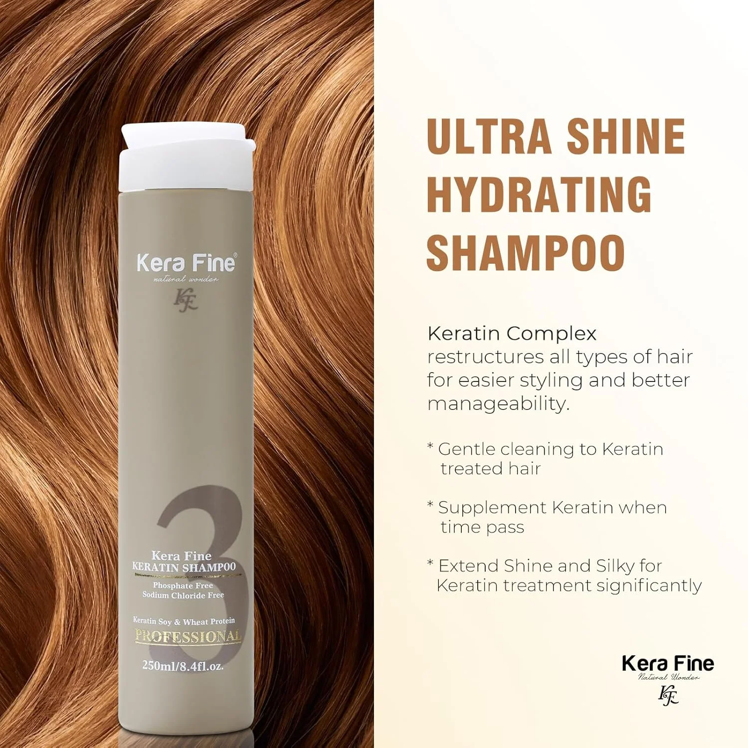 شامپو کراتین KERA FINE KF | 250 میلی لیتر | بدون سولفات | بدون پارابن | بدون فسفات، بدون سدیم کلرید | پروتئین کراتین سویا و گندم | حرفه ای شامپو کراتین KERA FINE KF | 250 میلی لیتر | بدون سولفات | بدون پارابن | بدون فسفات، بدون سدیم کلرید | پروتئین کراتین سویا و گندم | حرفه ای