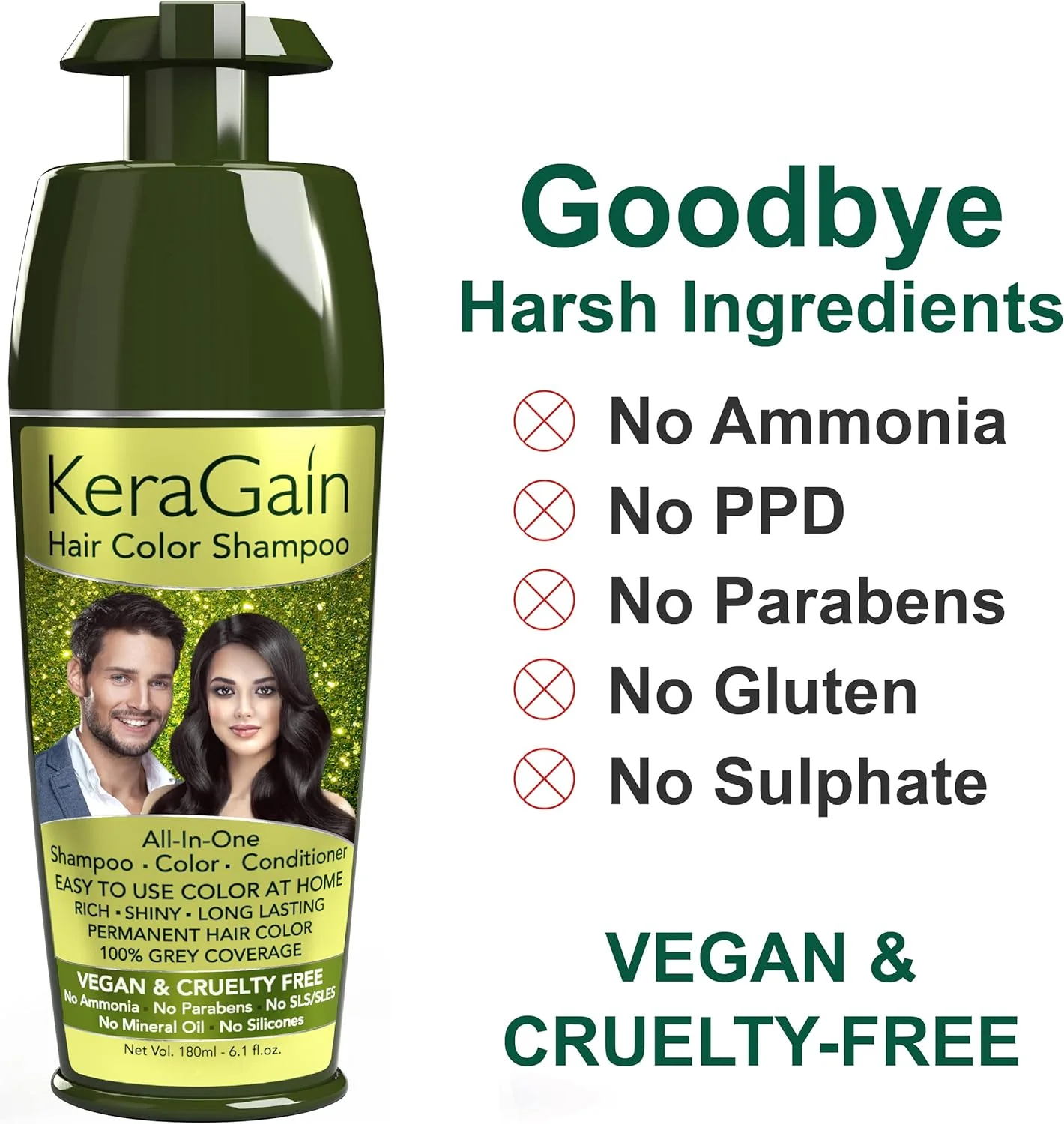 شامپو رنگ مو کرگین (قهوه ای تیره، 180 میلی لیتر) - رنگ مو بدون PPD و آمونیاک برای خانم ها و آقایان | شامپو رنگ مو دائمی با پوشش 100% موهای سفید تا 8 هفته | حاوی روغن آرگان، روغن پیاز و کراتین وگان