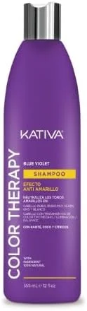 شامپو رنگ درمانی آبی بنفش کتیوا 355 میلی لیتر | شامپو بنفش ضد زردی | حاوی شی باتر، نارگیل و مرکبات | بدون نمک، سولفات و پارابن | مناسب موهای بلوند و خاکستری