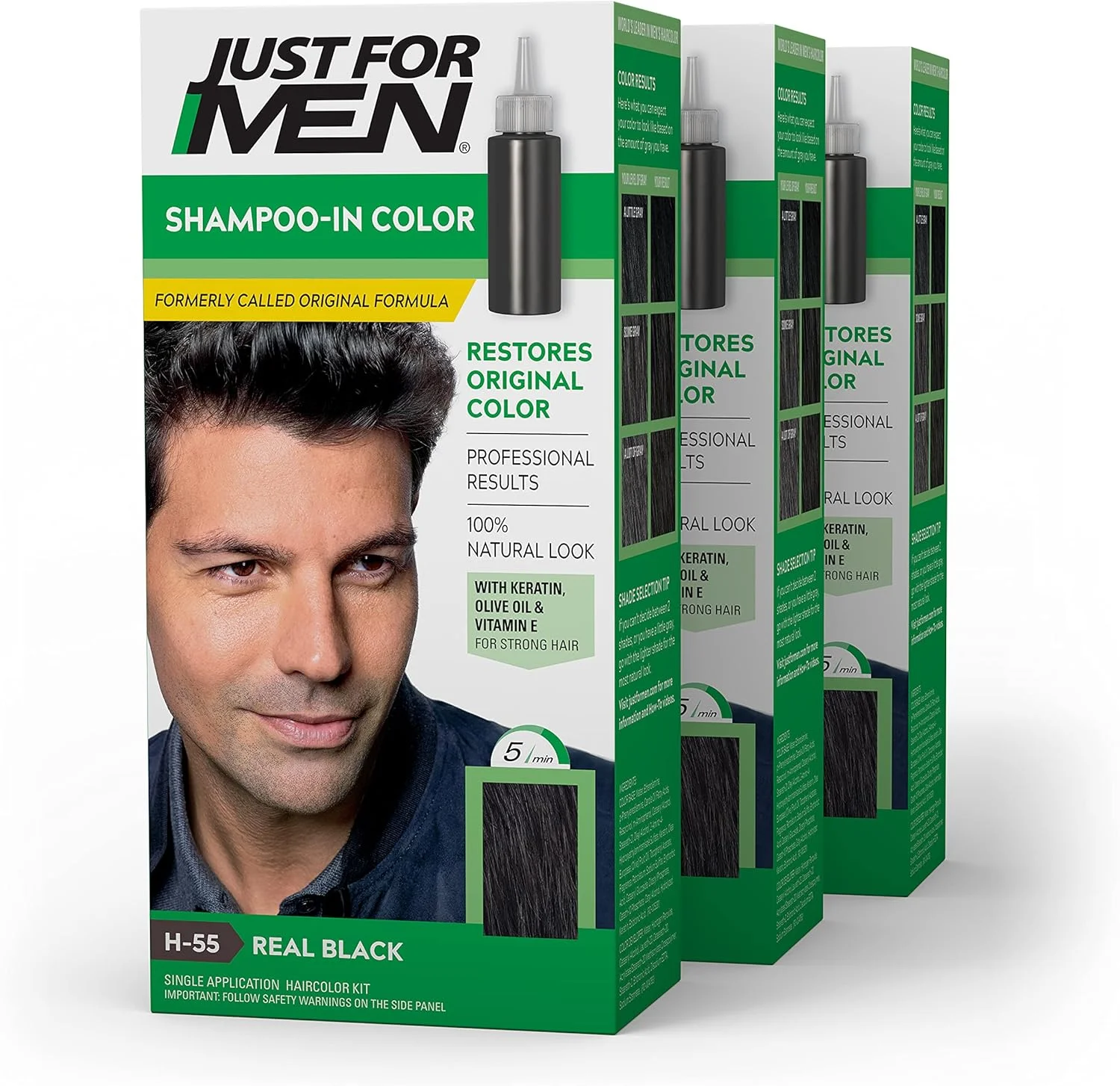 رنگ مو شامپویی مردانه جاست فور من (فرمول اصلی سابق)، رنگ موی مردانه با کراتین و ویتامین E برای موهای قوی تر - مشکی طبیعی، H-55، بسته 3 عددی رنگ مو شامپویی مردانه جاست فور من (فرمول اصلی سابق)، رنگ موی مردانه با کراتین و ویتامین E برای موهای قوی تر - مشکی طبیعی، H-55، بسته 3 عددی