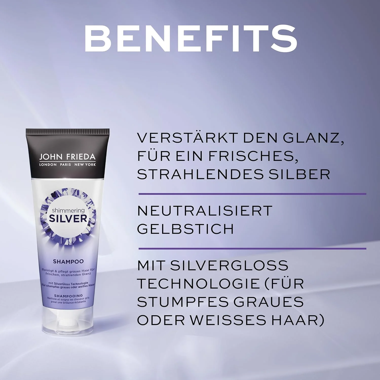 شامپو نقره ای درخشان جان فریدا - حجم: 250 میلی لیتر - تمیز کننده و مغذی موهای خاکستری - برای درخشش تازه و درخشان