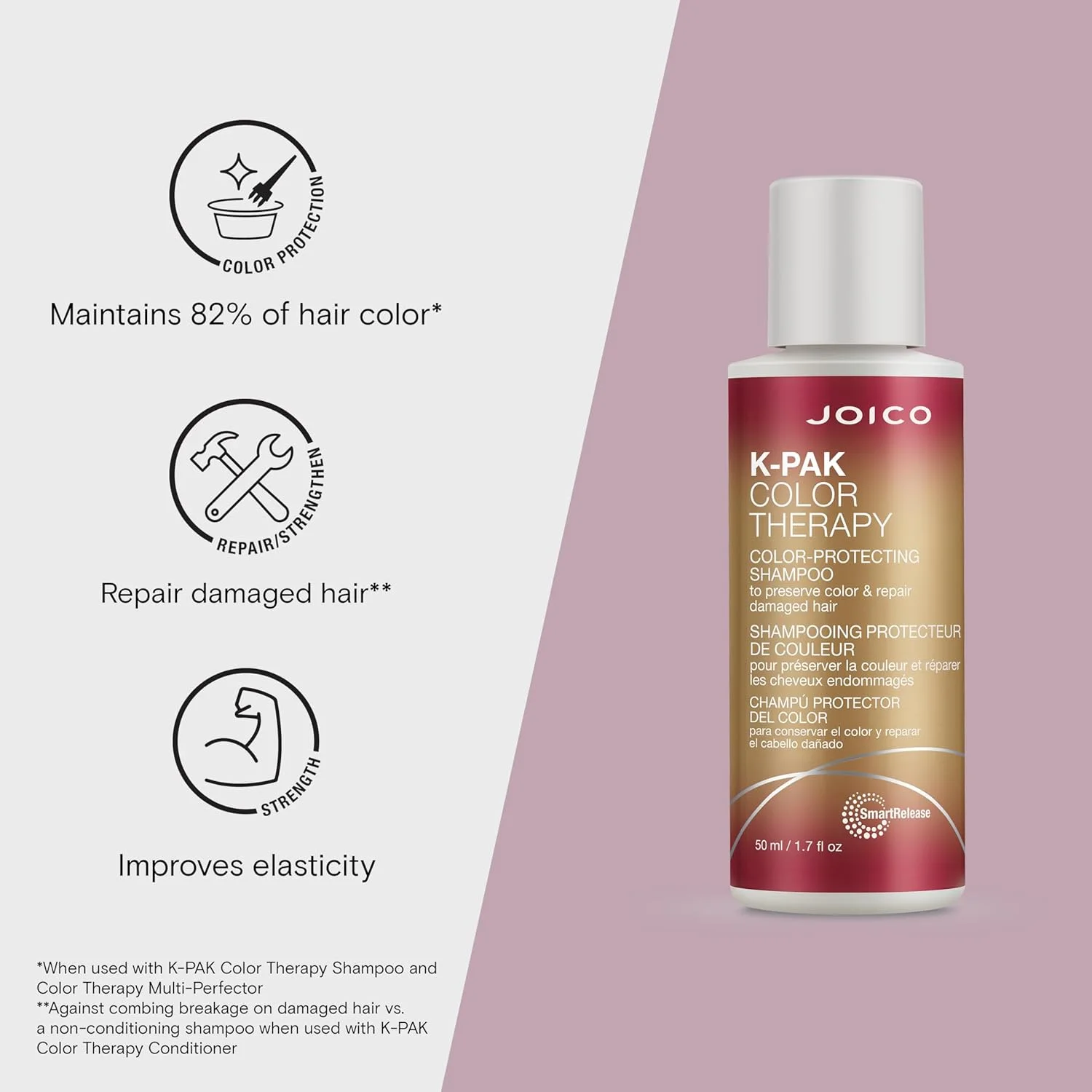 شامپو محافظ رنگ مو جویکو K-PAK Color Therapy | برای موهای رنگ شده | افزایش درخشندگی | بهبود خاصیت ارتجاعی | ترمیم شکستگی | بازسازی موهای آسیب دیده | حاوی کراتین و روغن آرگان | 50 میلی لیتر