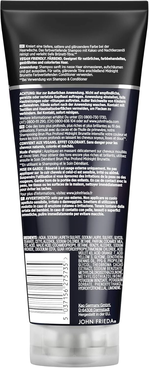 شامپو جان فریدا Midnight Brunette - مناسب موهای: قهوه ای، خرمایی - تقویت کننده رنگ - حاوی روغن کاکائو و پامچال شب 250 میلی لیتر