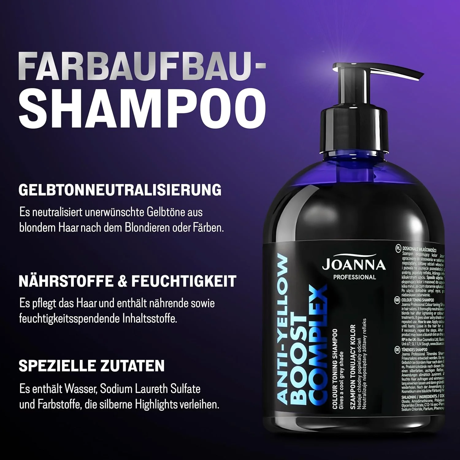 شامپو رنگساژ احیا کننده مو جوآنا پروفشنال در رنگ نقره ای-خاکستری برای مو - حاوی میکرو پروتئین - احیای ماندگار - درخشندگی و رنگ موی سرد خاکستری - 500 گرم