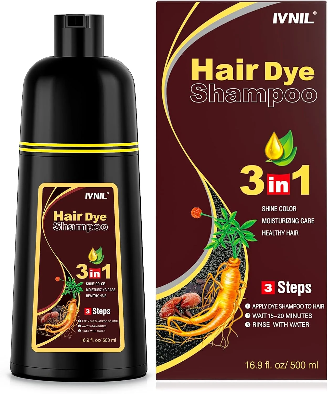 شامپو رنگ موی قهوه ای تیره ایونیل میدو 3 در 1، شامپو رنگ موی فوری برای موهای سفید - برای خانم ها و آقایان - پوشش 100% موهای سفید - شامپو رنگ مو با مواد گیاهی در عرض چند دقیقه 500 میلی لیتر