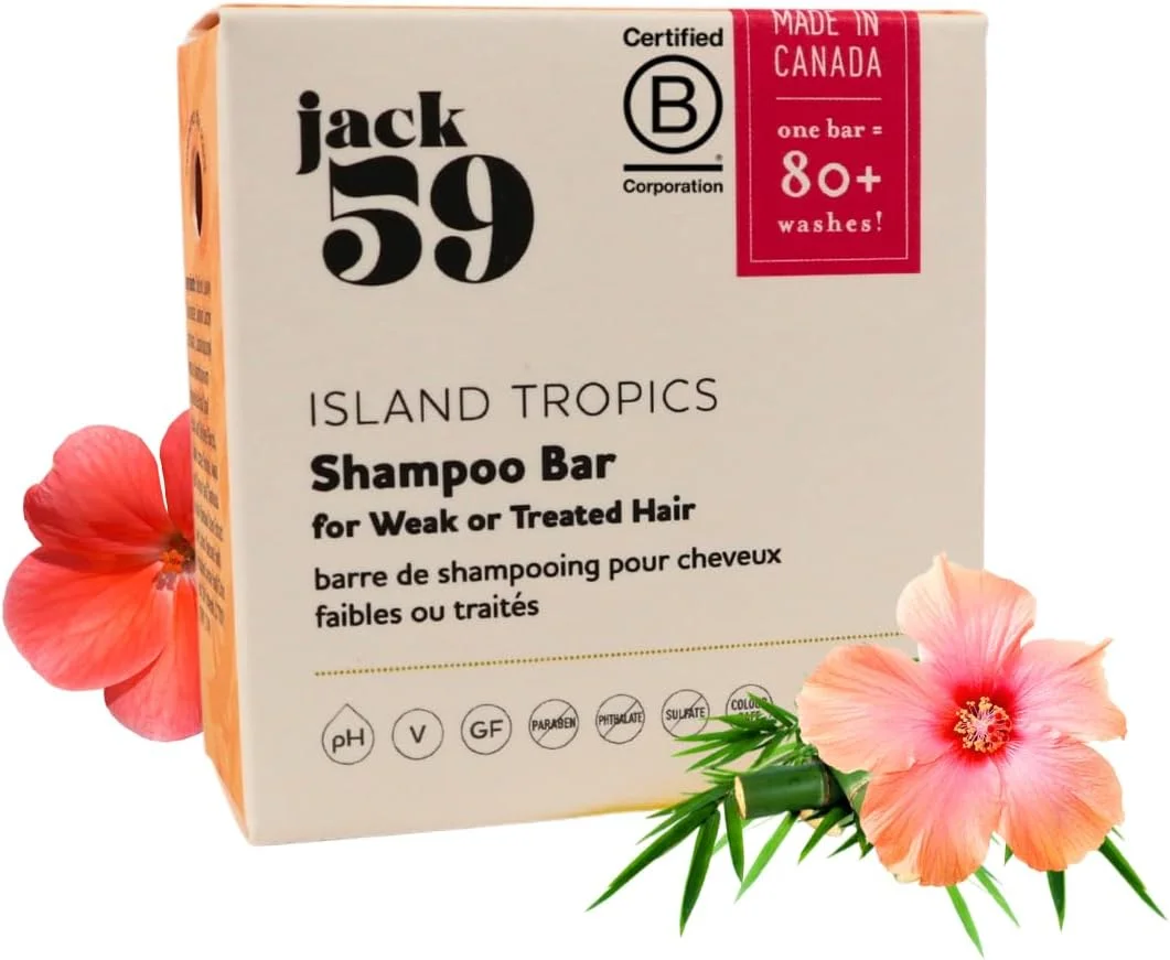 شامپو بار طبیعی جک 59 با عصاره بامبو - متعادل کننده pH، وگان، بدون تست حیوانی، مناسب برای موهای معمولی، ضعیف یا رنگ شده، محافظ رنگ مو، رایحه گرمسیری جزیره، 85 گرم