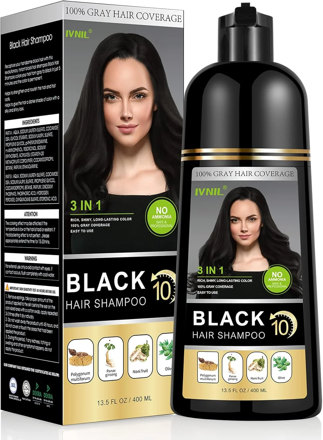 شامپو رنگ موی مشکی ایونیل 3 در 1، شامپو رنگ گیاهی برای پوشش موهای سفید، مناسب خانم ها و آقایان، 400 میلی لیتر