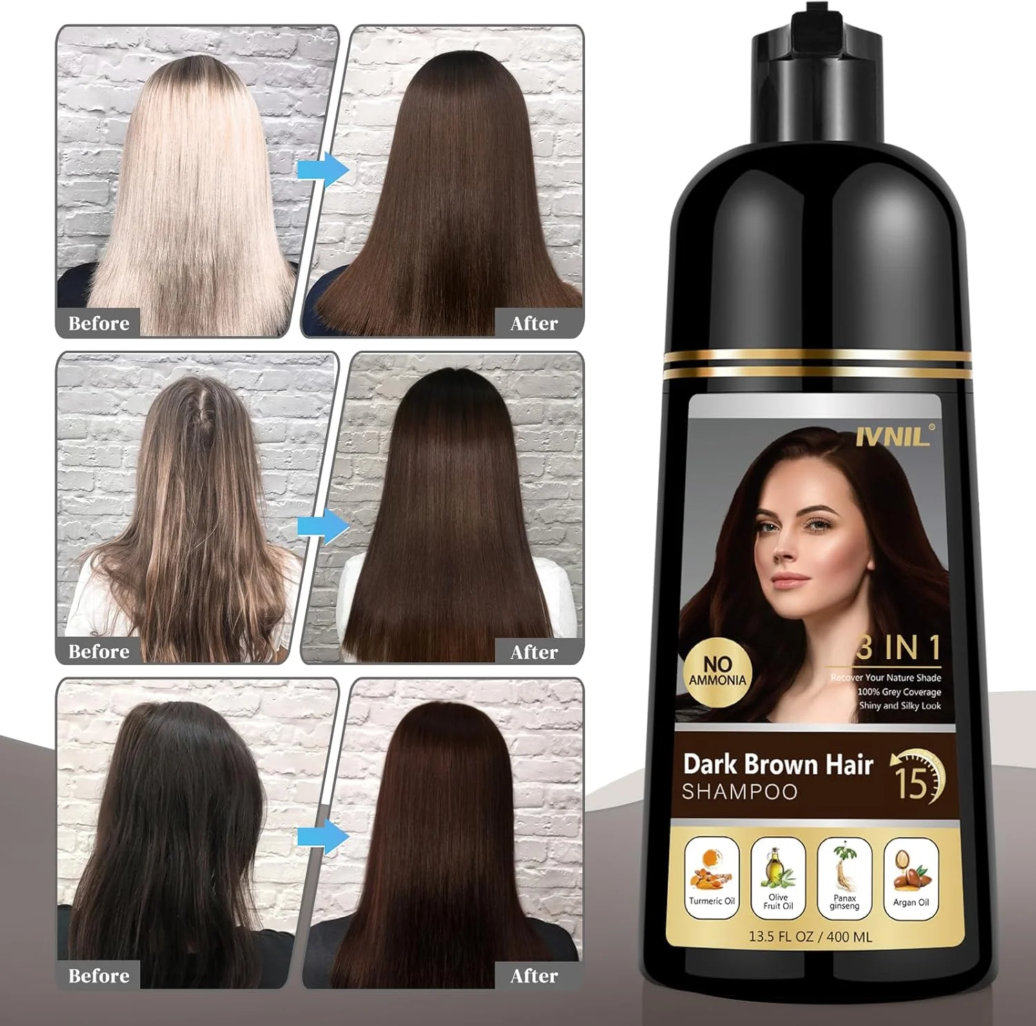 شامپو رنگ موی قهوه ای تیره Ivnil برای پوشش موهای سفید، شامپو رنگ موی گیاهی 3 در 1 دائمی Para Canas Champu Con Tinte برای زنان و مردان - بدون آمونیاک، نتیجه فوری - 400 میلی لیتر