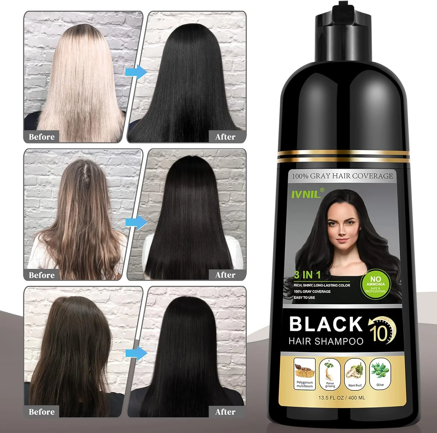 شامپو رنگ موی مشکی ایونیل 3 در 1، شامپو رنگ گیاهی برای پوشش موهای سفید، مناسب خانم ها و آقایان، 400 میلی لیتر شامپو رنگ موی مشکی ایونیل 3 در 1، شامپو رنگ گیاهی برای پوشش موهای سفید، مناسب خانم ها و آقایان، 400 میلی لیتر