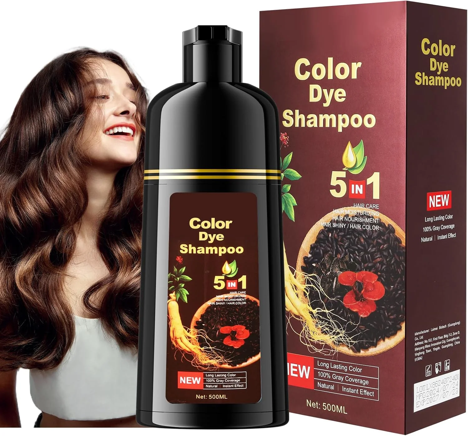 شامپو رنگ مو قهوه ای تیره فوری، رنگ مو نیمه دائمی، قهوه ای تیره، شامپو رنگ مو، شامپو 5 در 1 ضد موهای خاکستری، شامپو رنگ فوری طبیعی برای مردان و زنان، 500 میلی لیتر (قهوه ای تیره)